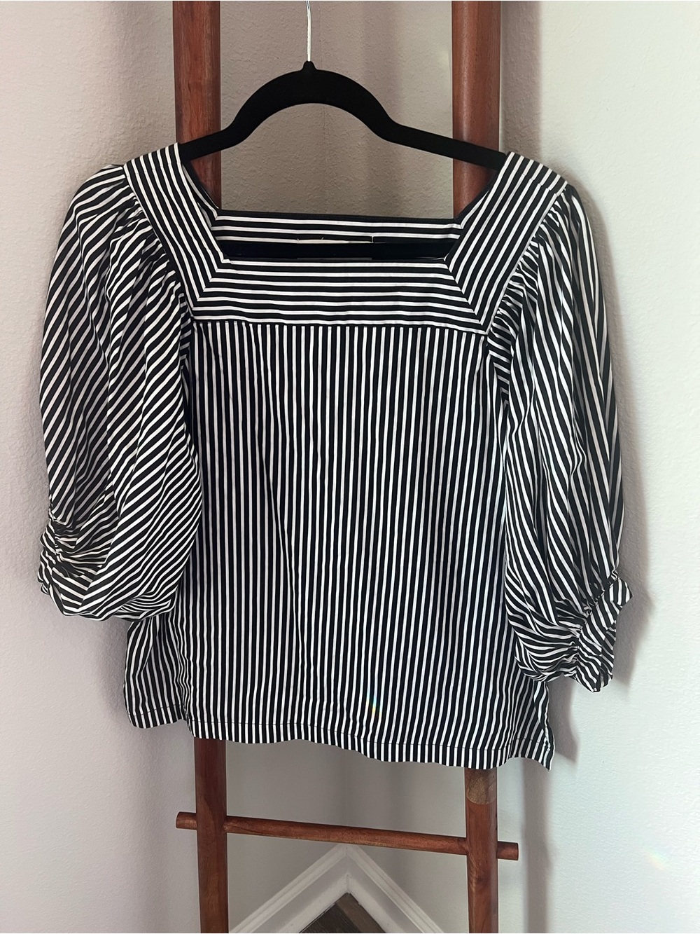LOFT Black & White Striped Square-Neck Puff Sleeve Blouse